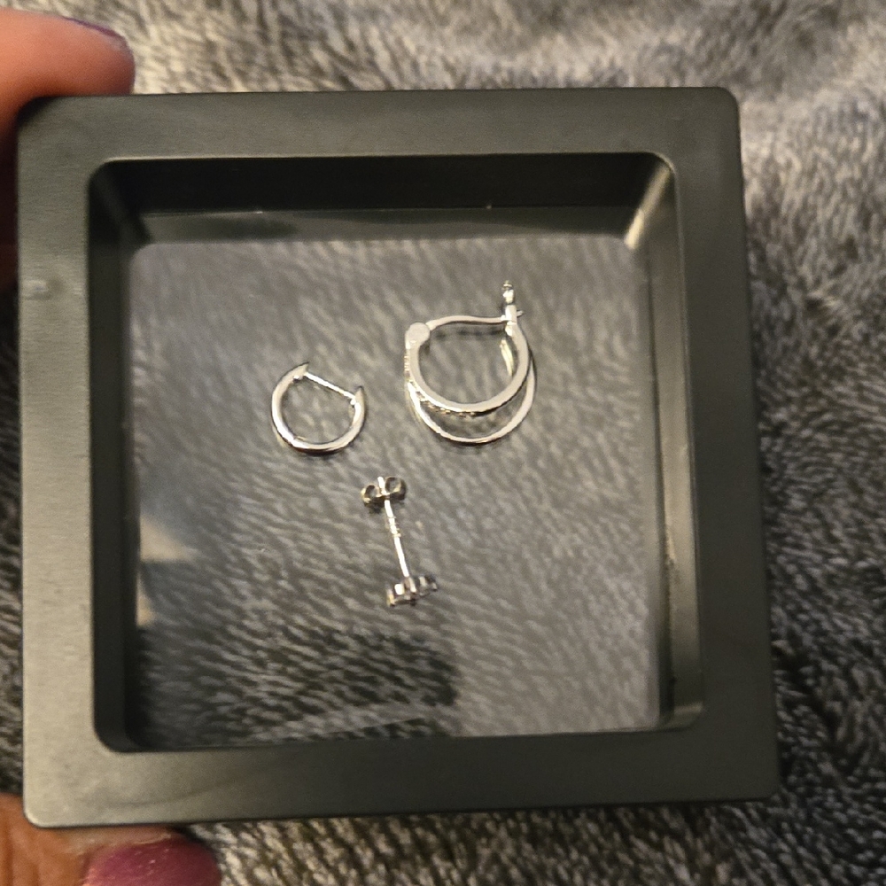 Silver Hoop and Stud Earring Set Of 3